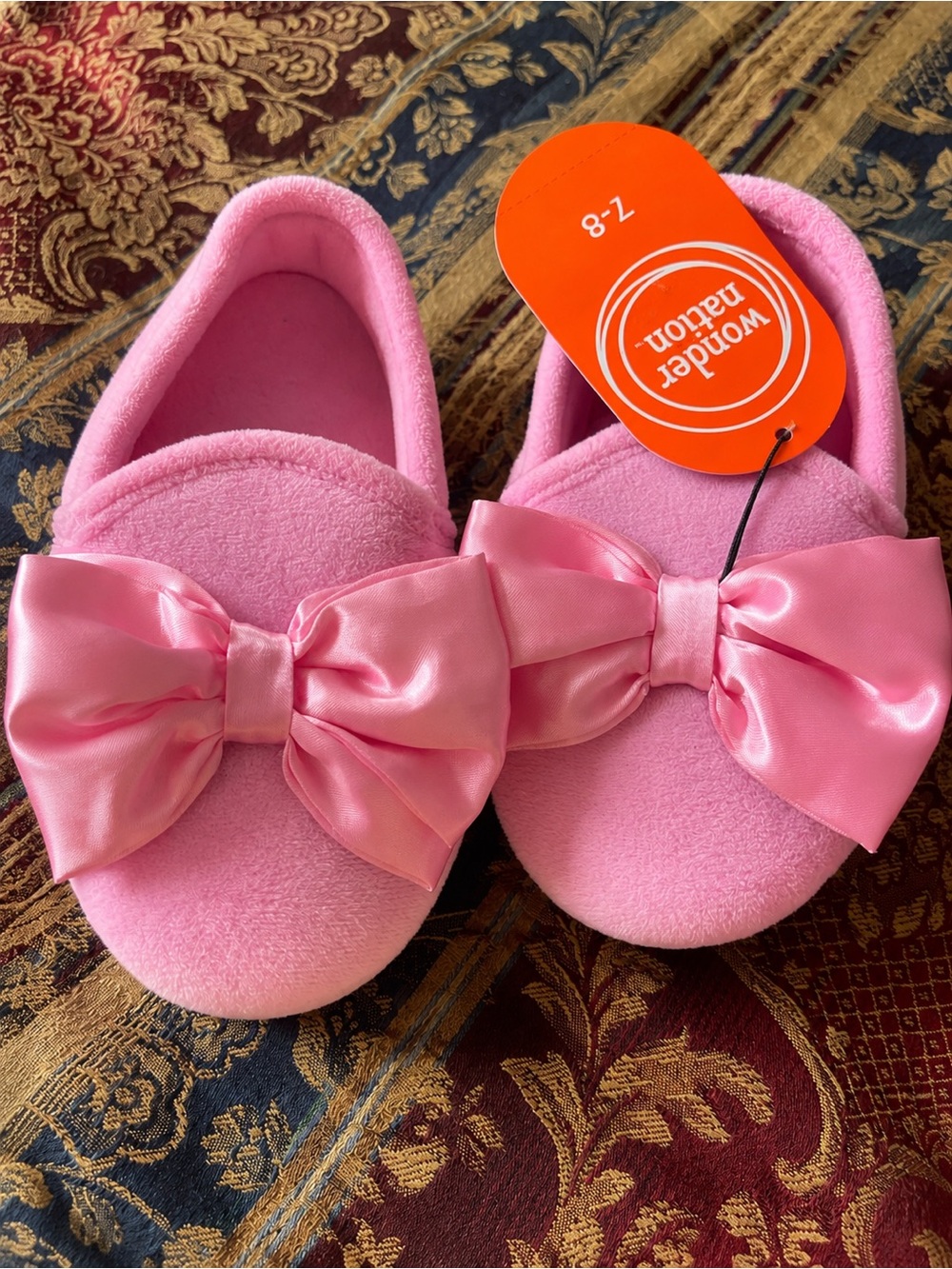 wonder nation Pink Satin Bow Slip-On Kids Slippers